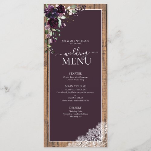 Elegant Plum Purple Rustic Wood Script Wedding Menu