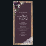 Elegant Plum Purple Rustic Wood Script Wedding Menu<br><div class="desc">Ooh, we're so happy with this trendy plum purple, rustic 4"x 9" wedding menu! It wasn't easy coming up with a rustic plum purple design that we felt met our aesthetic demands, but then we did it, and now we're in love! Part of a matching wedding set. https://www.zazzle.com/store/elegant_invites_/gifts?cg=196585629586281686&pburl= Contact designer...</div>