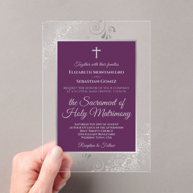 Elegant Plum Purple & Silver Catholic Wedding Acrylic Invitations (Insitu (Handheld))