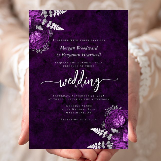Elegant Plum Purple Silver Floral Wedding Foil Invitation (Creator Uploaded)