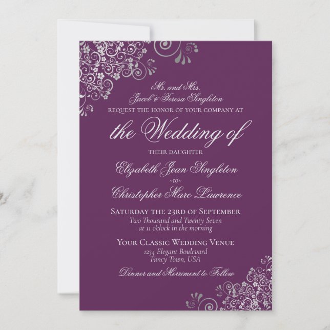 Elegant Plum Purple & Silver Formal Wedding Invitation (Front)