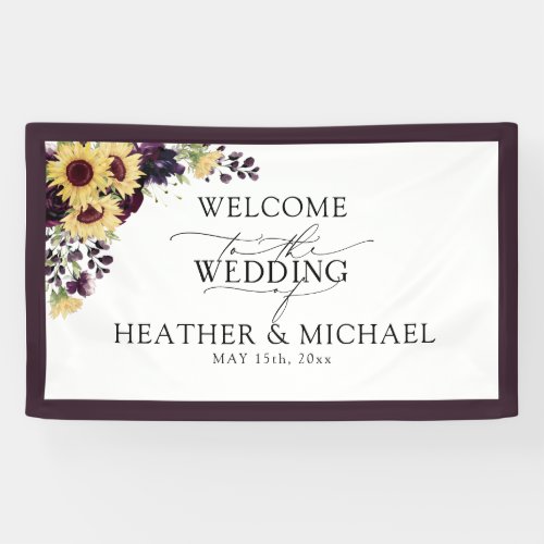 Elegant Plum Purple Sunflower Watercolor Wedding Banner