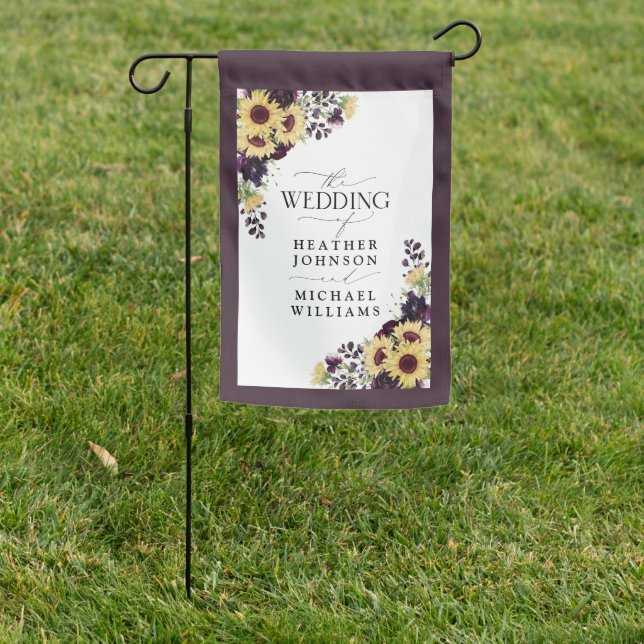 Elegant Plum Purple Sunflower Watercolor Wedding Garden Flag (In SItu)