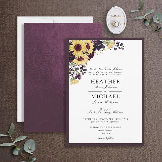Elegant Plum Purple Sunflower Watercolor Wedding Invitation | Zazzle