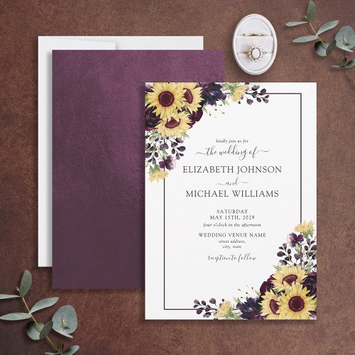 Elegant Plum Purple Sunflower Watercolor Wedding Invitation