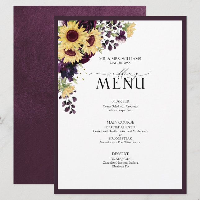 Elegant Plum Purple Sunflower Watercolor Wedding Menu (Front/Back)