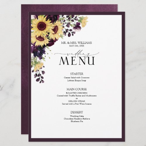 Elegant Plum Purple Sunflower Watercolor Wedding Menu