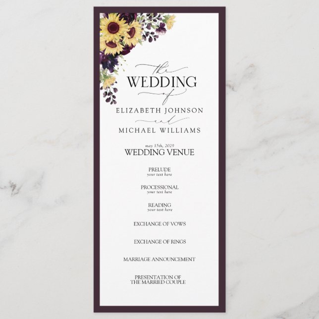 Elegant Plum Purple Sunflower Watercolor Wedding Program (Front)