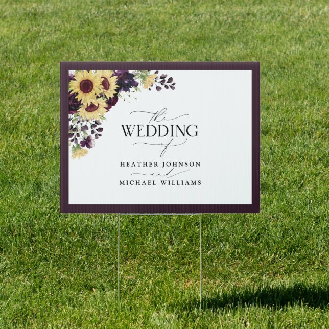 Elegant Plum Purple Sunflower Watercolor Wedding Sign (Insitu)