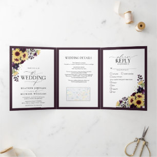 Elegant Plum Purple Sunflower Watercolor Wedding Tri-Fold Invitation