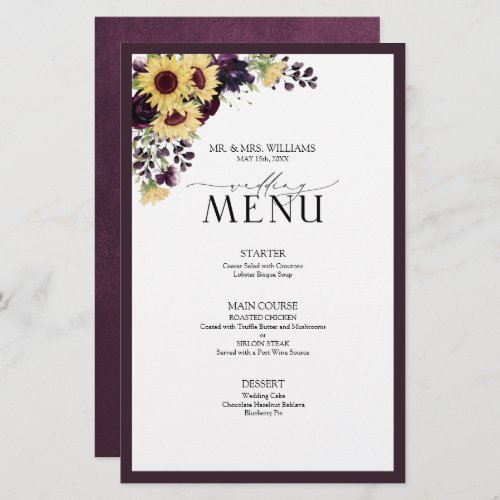 Elegant Plum Purple Sunflower Wedding Menu