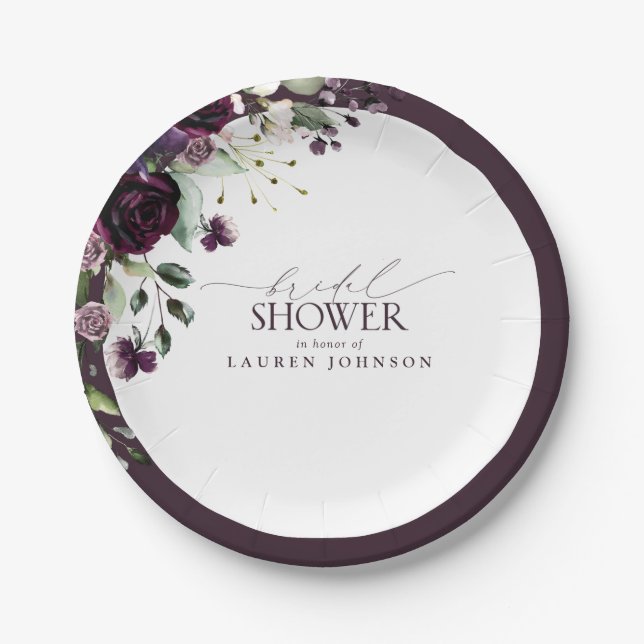 Elegant Plum Purple Watercolor Bridal Shower Paper Plates (Front)