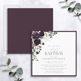 Elegant Plum Purple Watercolor Floral Baby Baptism Invitation