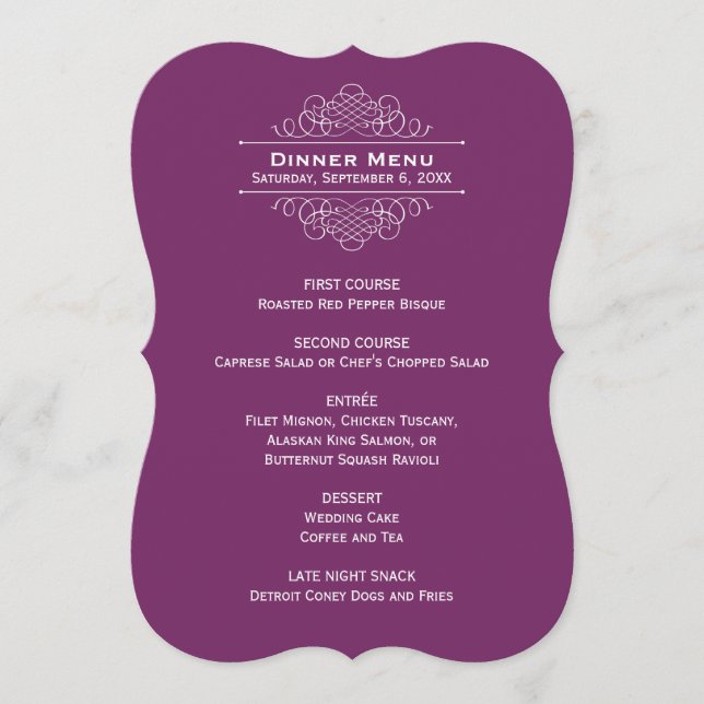 Elegant Plum Purple Wedding Monogram Dinner Menu (Front)
