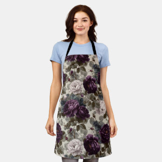 Elegant Plum Rose Ivory Floral Pattern Apron