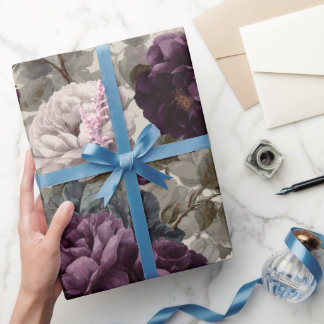 Elegant Plum Rose Ivory Floral Pattern Wrapping Paper