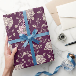 Elegant Plum Rose Ivory Floral Pattern Wrapping Paper