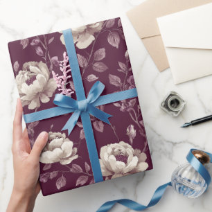 Elegant Plum Rose Ivory Floral Pattern Wrapping Paper