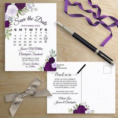 Elegant Plum Roses Wedding Save the Date Calendar Announcement Postcard