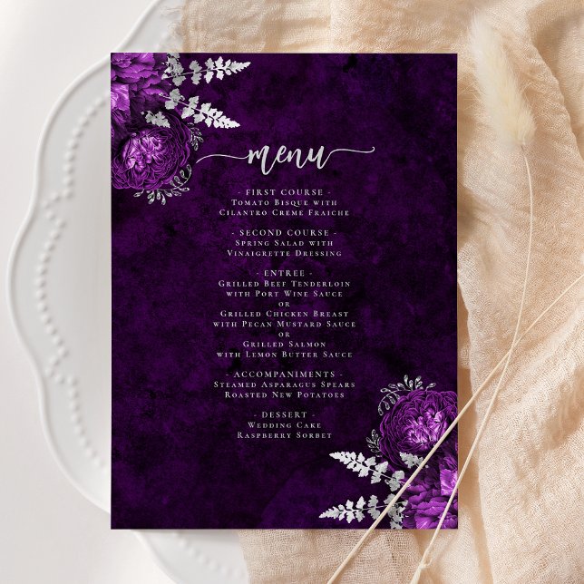 Elegant Plum Silver Floral Wedding Menu (Creator Uploaded)