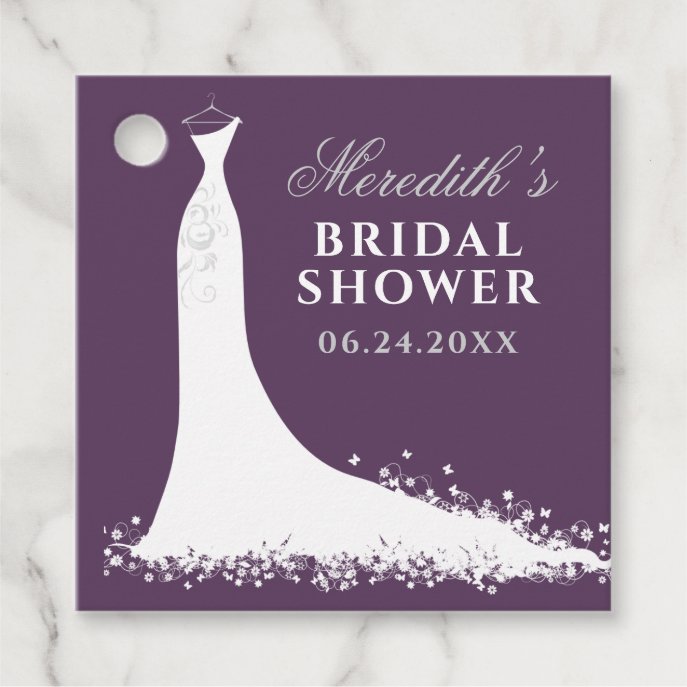 Elegant Plum Silver Wedding Gown Bridal Shower Favor Tags