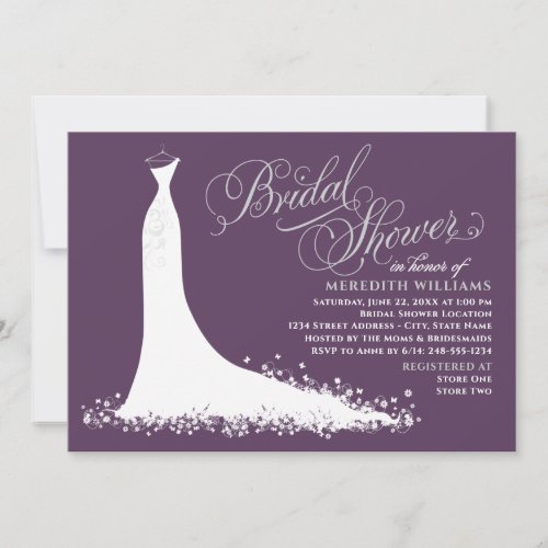 Elegant Plum Silver Wedding Gown Bridal Shower Invitation