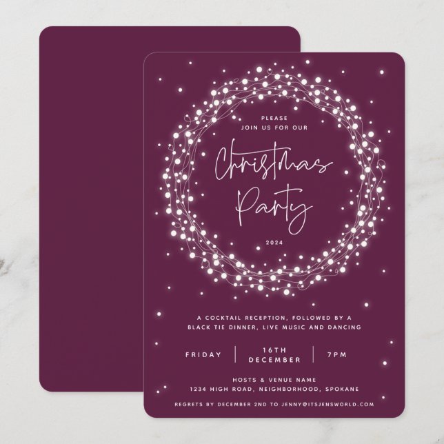 Elegant Plum Sparkling Lights Christmas Party Invitation (Front/Back)