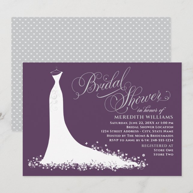 Elegant Plum Wedding Gown Bridal Shower Invitation (Front/Back)