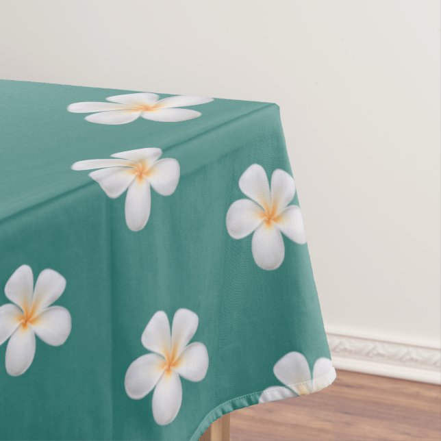 Elegant Plumeria Flowers on Teal Tablecloth (In Situ)
