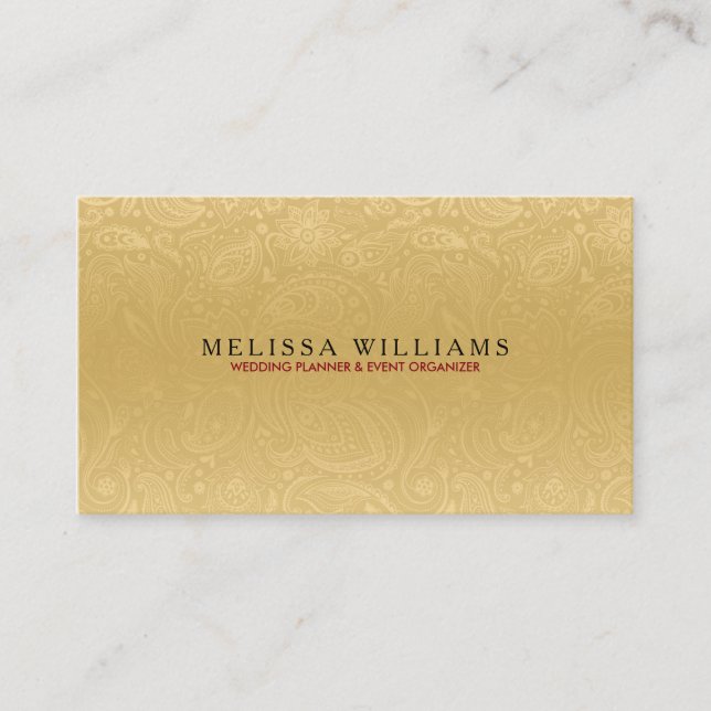 Elegant Plush Gold Paisley Pattern Wedding Design Business Card (Front)