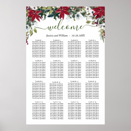 Elegant Poinsettia 16 Tables Wedding SEATING CHART