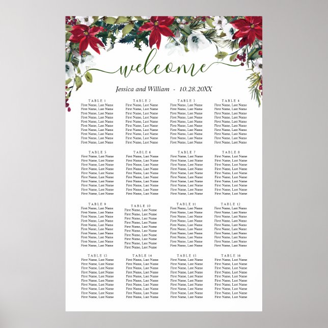 Elegant Poinsettia 16 Tables Wedding SEATING CHART (Front)