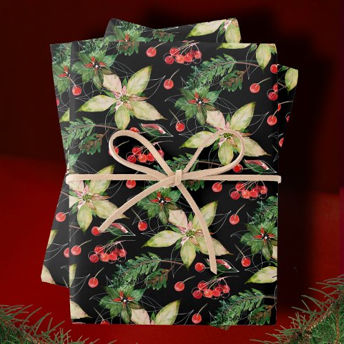 Elegant Poinsettia and Berries on Black Wrapping Paper Sheets