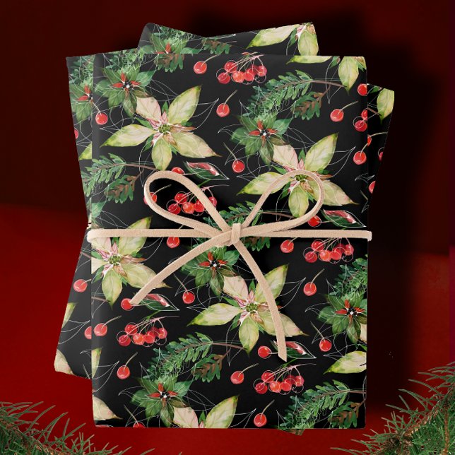 Elegant Poinsettia and Berries on Black Wrapping Paper Sheets (Creator Uploaded)