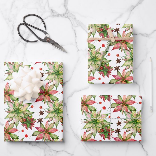 Elegant Poinsettia and Berries Wrapping Paper Sheets (Front)