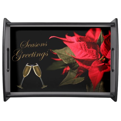 Elegant Poinsettia and Champagne Christmas Serving Tray