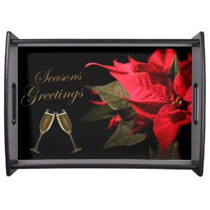 Elegant Poinsettia and Champagne Christmas Serving Tray