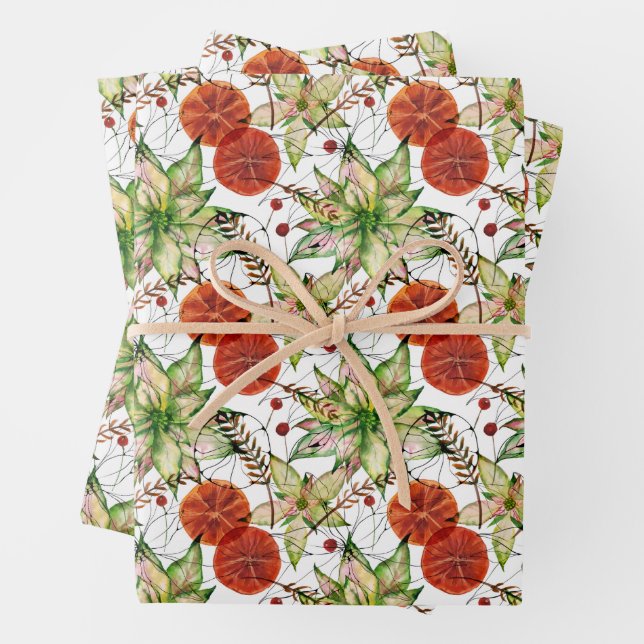 Elegant Poinsettia and Oranges Wrapping Paper Sheets (In situ)
