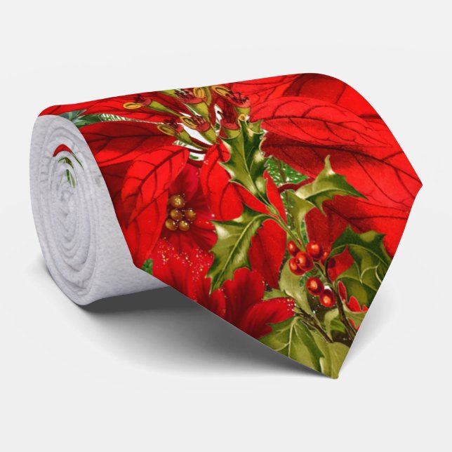 Elegant Poinsettia and Snowflake Holiday Neck Tie (Rolled)