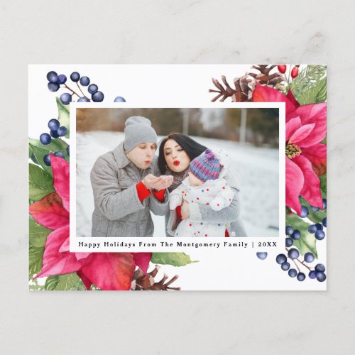 Elegant Poinsettia Berry Navy Personalized Photo Holiday Postcard