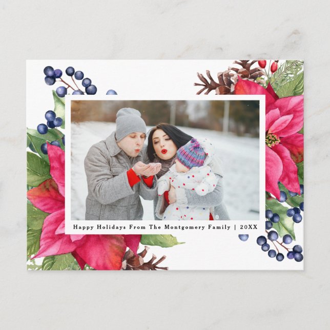 Elegant Poinsettia Berry Navy Personalized Photo Holiday Postcard (Front)