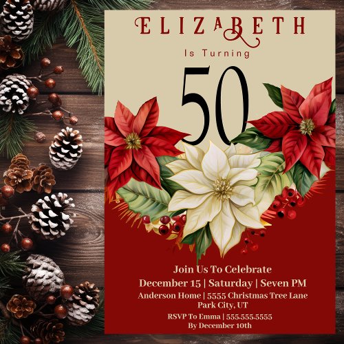 Elegant Poinsettia Christmas 50th Birthday Invitation