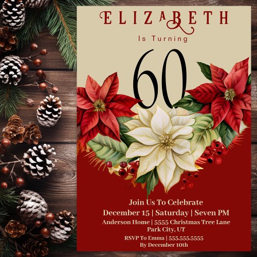 Elegant Poinsettia Christmas 60th Birthday Invitation