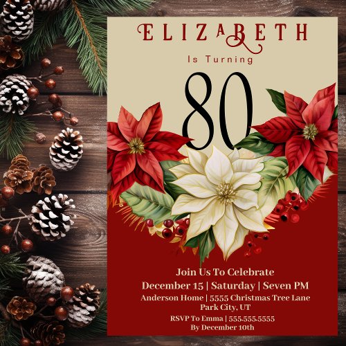 Elegant Poinsettia Christmas 80th Birthday Invitation