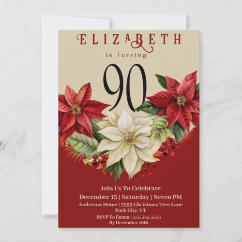 Elegant Poinsettia Christmas 90th Birthday Invitation