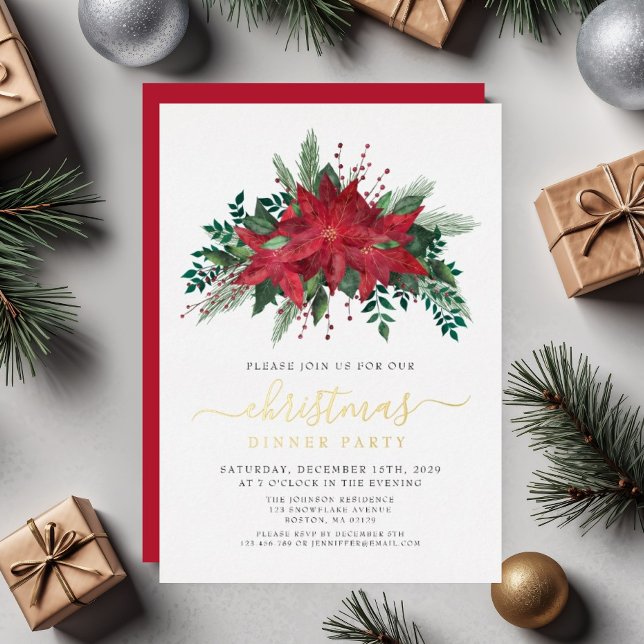 Elegant Poinsettia Christmas Dinner Party Gold Foil Invitation (Elegant Poinsettia Christmas Dinner Party Gold Foil Invitation)