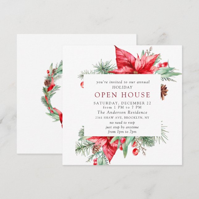 Elegant Poinsettia Christmas Holiday Open House Invitation (Front/Back)