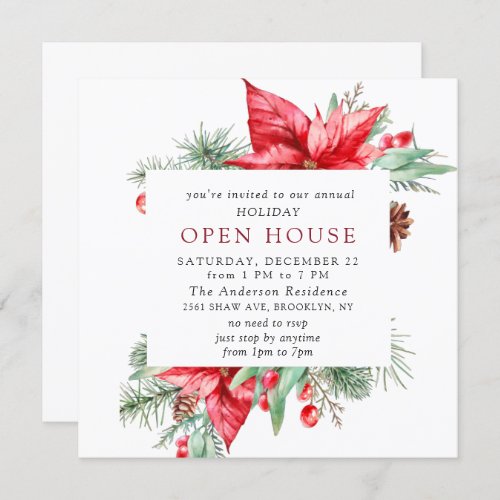 Elegant Poinsettia Christmas Holiday Open House Invitation