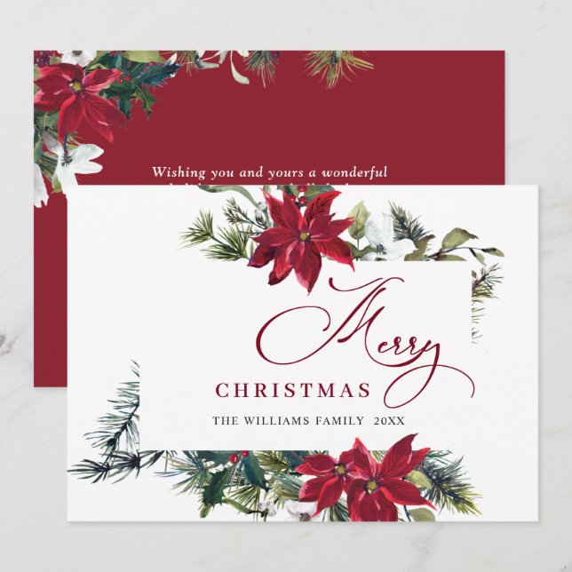 Elegant Poinsettia Christmas Mistletoe Greeting Holiday Card (Front/Back)