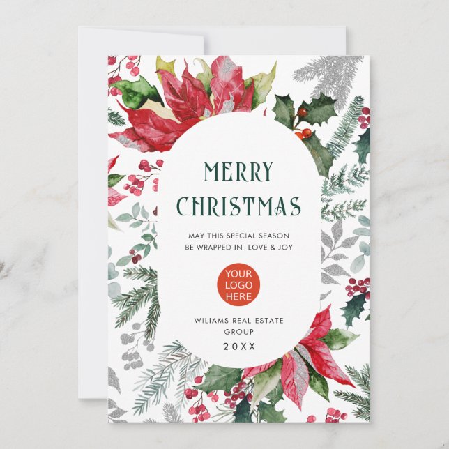 Elegant Poinsettia Christmas Mistletoe Greeting Holiday Card (Front)